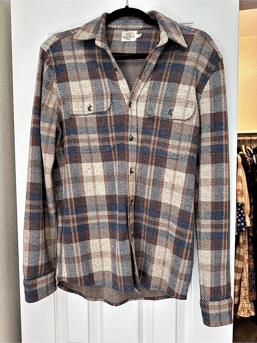 Faherty Legend Sweater Shirt Plaid Brown & Blue Size XS
